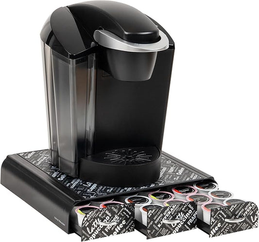 Mind Reader Single Serve Coffee Pod Organizer with 3 Drawers, 36 Pod Capacity, 12.25"L x 13.5"W x 2.5"H, Black Print