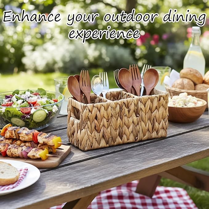 Wicker Party Silverware Caddy Water Hyacinth Plastic Kitchen Cutlery Utensil Holder Hand Woven Spoon Forks Knives Organizer Basket with Handles for Table Countertop Picnic flatware Storage