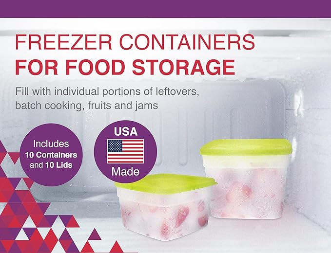 Arrow Freezer Containers, 1 Pint - 10 pk with Lids - Reusable Plastic Food Storage - Prep, Store, Freeze - BPA Free - Dishwasher Safe