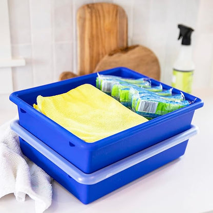 ECR4Kids Letter Size Plastic Tray Organizer with Lids, Small, Storage Bins, Blue, 10-Piece