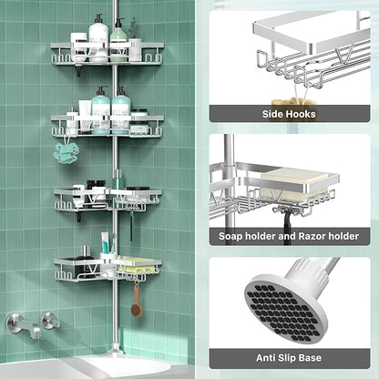 DAOYA Shower Caddy Tension Pole - Corner Shower Shelves with Soap Holder Bathroom Shower Organizer for Tub (Stainless Steel, Silver, Floor to Ceiling 25-114.2 inch)
