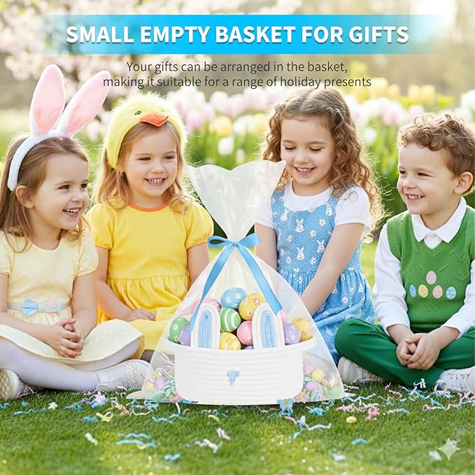 ShellKingdom Empty Gift Basket with Gift Bags and Ribbon, Birthday Basket for Boys Girls, Storage Woven Basket with Handles for Home Organizer, 12 X 8 X 5 INCH, Easter White Blue