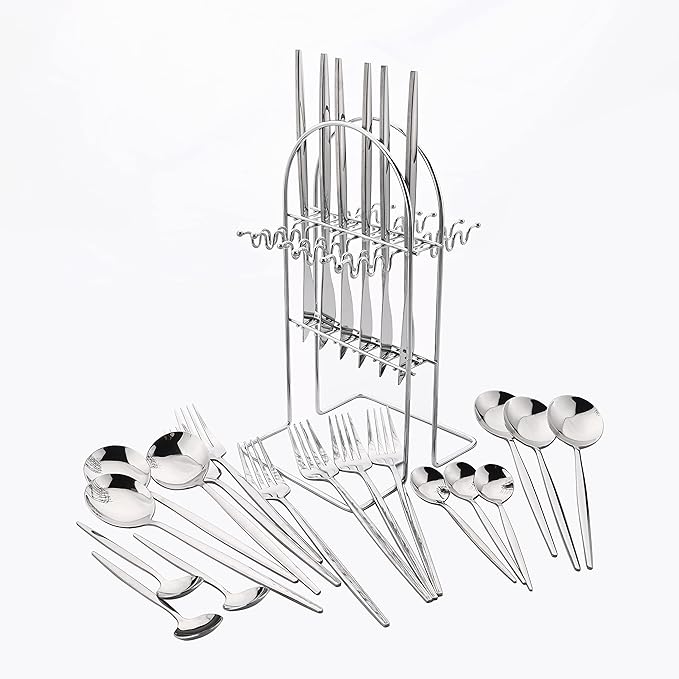 24 Piece Cutlery Set for 6 with Holder, Mirror Polished Silver Stainless Steel Flatware Set with Rack, Kitchen Restaurant Hotel Utensils, Silverware Sets with Holder, Hanging Flatware set
