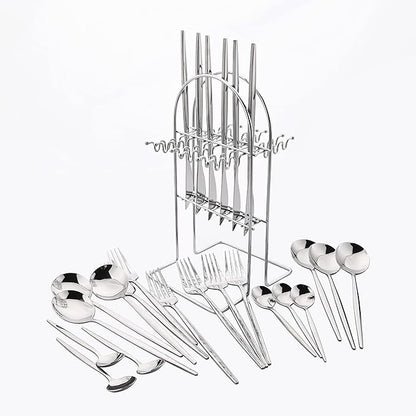 24 Piece Cutlery Set for 6 with Holder, Mirror Polished Silver Stainless Steel Flatware Set with Rack, Kitchen Restaurant Hotel Utensils, Silverware Sets with Holder, Hanging Flatware set