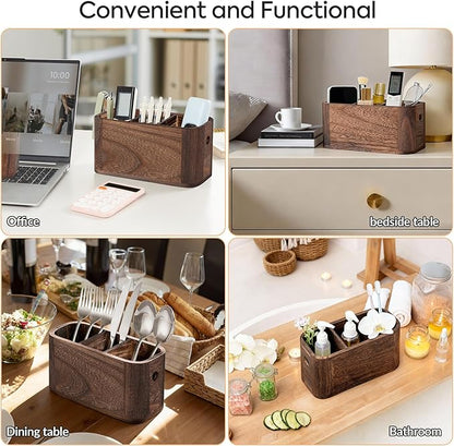 VIVIRBIEN Wooden Silverware Holder for Countertop, Kitchen Utensil Caddy with 3 Compartments, Cutlery Storage Organizer Countertop, Flatware Organizer for Party, Spoon, Fork Holder