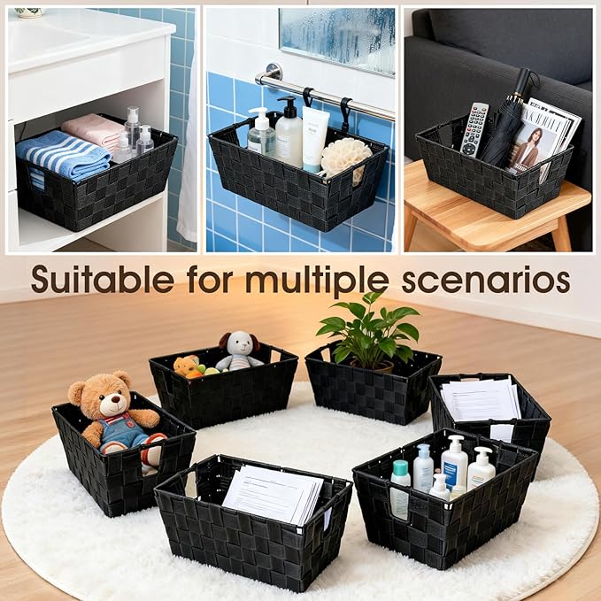 Black Storage Baskets for Shelves, Woven Shelf Baskets for Organizing, Small Strap Organizer Basket for Bathroom Storage, Set of 4