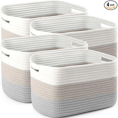 4 Pack Large Storage Baskets for Organizing, 16''Lx12''Wx8''H Woven Baskets for Storage Toys, Towels, Books, and Clothes, Cotton Rope Basket for Shelves with Handle