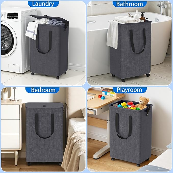 Laundry Basket with 5 Wheels, Tall Dirty Laundry Hamper, Rolling Laundry Basket with Lid, Collapsible Clothes Hamper for Bathroom Bedroom Dorm Laundry Room, Light Gray, 75L