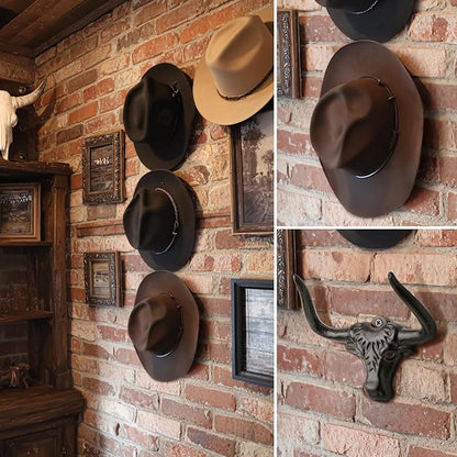 Cowboy Hat Rack for Wall 4 Pack Modern Metal Cowboy Hat Holder Cast Iron Cowgirl Hat Hanger Western Longhorn Hooks for Storage and Display for Closet Bedroom Living Room Rust