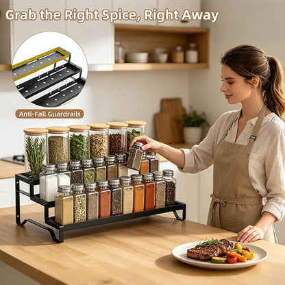 SANKEU Expandable Spice Rack Organizer for Cabinet 3 Tiered Metal Seasoning Organization with Guardrails Spice Shelf Storage for Jars Adjustable Length 13"-21" Black 2Pack