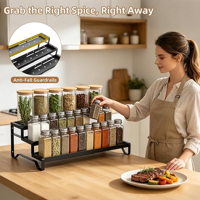 SANKEU Expandable Spice Rack Organizer for Cabinet 3 Tiered Metal Seasoning Organization with Guardrails Spice Shelf Storage for Jars Adjustable Length 13"-21" Black 1Pack