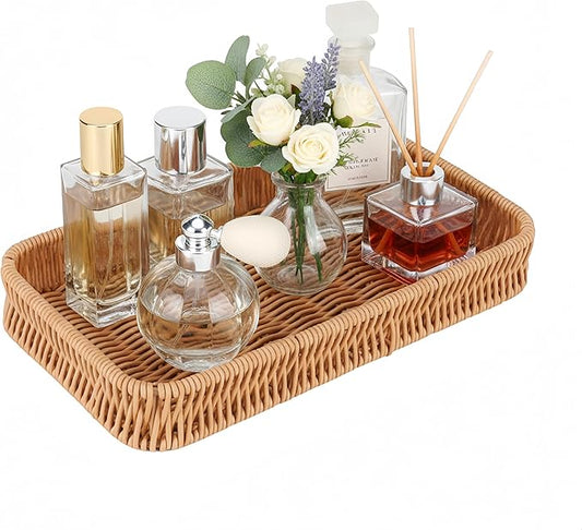 Toilet Tank Tray Storage Basket, Metal Woven Bathroom Basket Decorative Tray for Toilet Paper Storage, Wicker Vanity Organizer Bin with Non-Slip Feet for Bathroom Counter or Back of Toilet-Brown