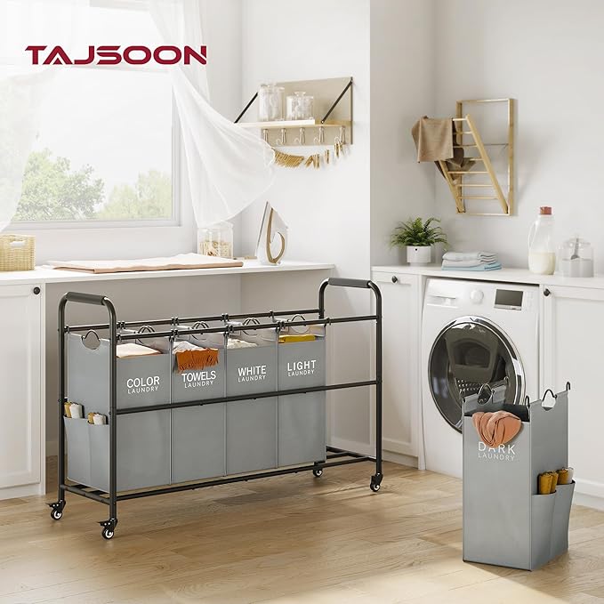 Tajsoon Laundry Sorter, Laundry Hamper 5 Section with Heavy Duty Rolling Lockable Wheels, Laundry Basket Organizer with Removable Bags for Dirty Clothes Storage, Grey