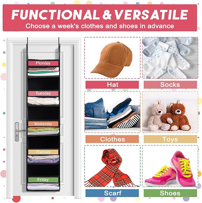 Black White 2 Pack 5 Shelf Weekly Clothes Organizer for Kids Over the Door Hanging Storage Monday through Friday Heavy Duty Clothes Organization for Bathroom Nursery Bathroom Kitchen