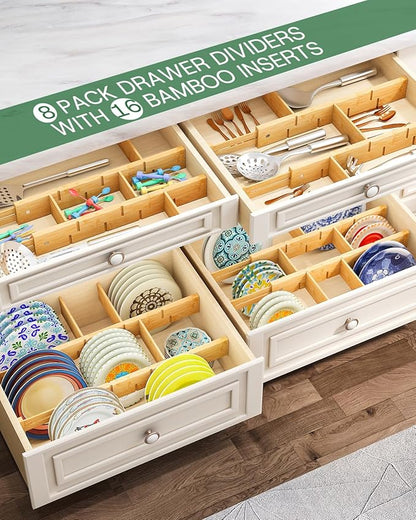 kiplant Bamboo Drawer Dividers - Adjustable Drawer Dividers for Clothes, Kitchen, Closet & Office - 8 Pack with Inserts, 18-22.6 Inches, Non-Slip Silicone Ends