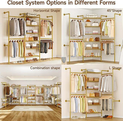 ONBRILL H3 Expandable Wall Mounted Closet System, 5.4FT-8.1FT Closet Organizer with 4 Telescopic Rods & 6 Wire Shelves, Industrial Pipe Clothing Rack for Walk-in & Reach-in Closet (Gold)