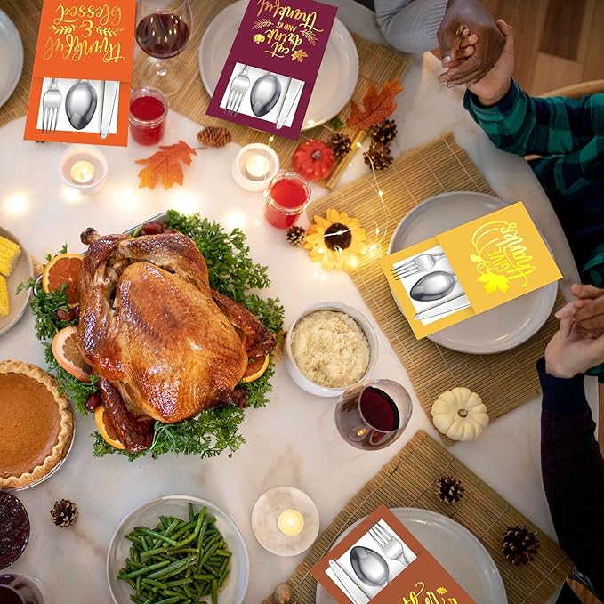 Whaline 100 Pcs Thanksgiving Paper Silverware Bags Foil Gold Give Thanks Cutlery Holders Autumn Harvest Utensil Paper Bag Pocket for Fall Dinner Table Decor