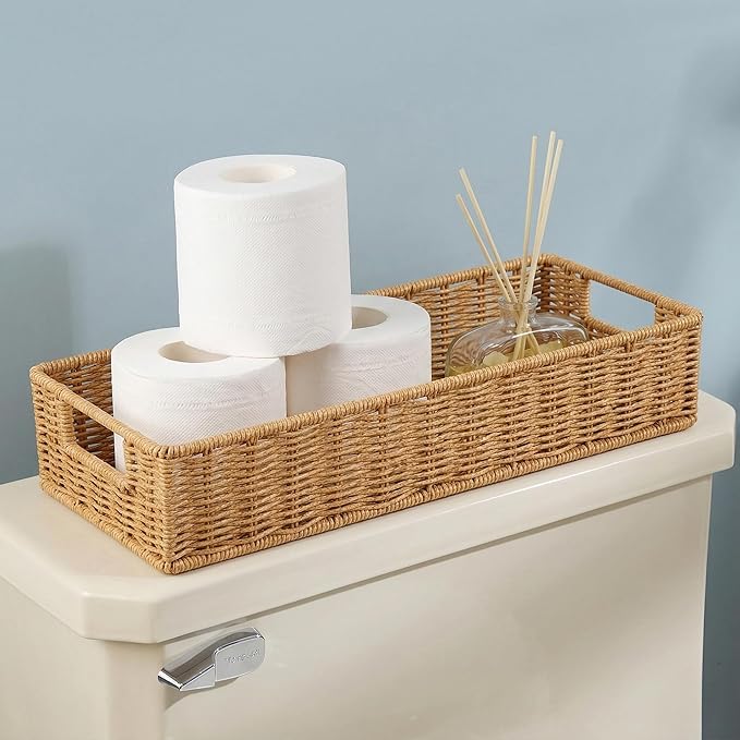 Toilet Paper Basket with Handles, Wicker Toilet Tank Basket, Narrow Bathroom Organizer for Back of Toilet & Tank Top, Ideal for Cottage Core Decor, Natural Tan, 14" L x 6" W x 3" H