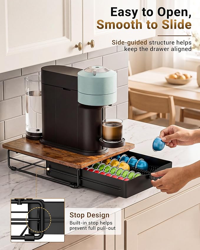 EVERIE Coffee Pod Holder Drawer, Compatible with Nespresso Vertuo Capsules, Holds 40 Large or 52 Small Pods, Flexible Slots for 4 Capsule Sizes, Rustic Brown Countertop Organizer, 15.6" Dx13 Wx3.7 H