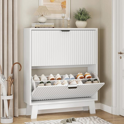 Xixini Shoe Cabinet with 2 Flip Drawers, 37" Tall Narrow Fluted Shoe Storage Organizer for Entryway, Hidden Slim Wooden Shoe Rack Cabinet for Front Door Entrance, Hallway, Living Room, Solid White