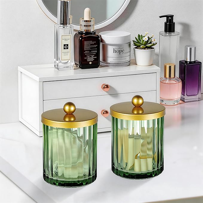 Amolliar Sage Green Glass Qtip Holder Dispenser, Bathroom Canister Apothecary Jar for Cotton Swabs, Cotton Balls, Round Pads, Floss Picks, Countertop Storage Organizer Container for Vanity,Gold 2 Pack