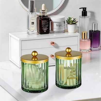 Amolliar Sage Green Glass Qtip Holder Dispenser, Bathroom Canister Apothecary Jar for Cotton Swabs, Cotton Balls, Round Pads, Floss Picks, Countertop Storage Organizer Container for Vanity,Gold 2 Pack
