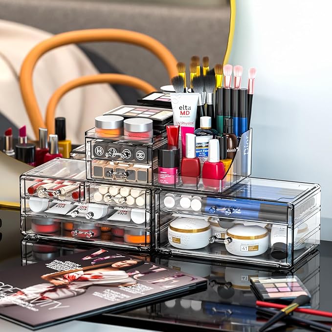Acrylic Clear Make up Organizers And Storage for Vanity,Bathroom Skincare Organizer With 8 Drawer for Dresser,Plastic Desk Accessories Organization,Cosmetic Organizer Countertop for Beauty,Skin Care