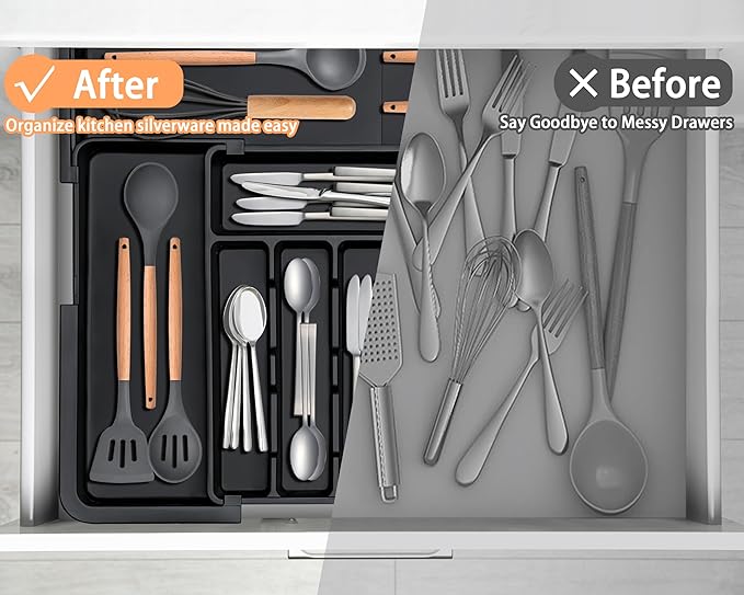 Spaclear Silverware Organizer Expandable Kitchen Utensil Drawer Organizer Large BPA Free Adjustable Cutlery Silverware Tray for Spoons Forks Knives Storage Divider for Kitchen Flatware 6-9 Slots Black
