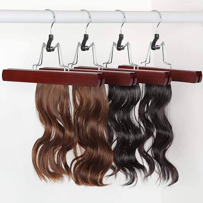 TOPIA HANGER 24 Pack Wooden Pants Hangers, Hair Extension Hangers Non Slip Skirt Hanger Wood Clamp with Velvet Padded 360° Swivel Hook for Jeans, Skirts, Trousers, Wigs Cherry CT68M