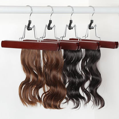 TOPIA HANGER 24 Pack Wooden Pants Hangers, Hair Extension Hangers Non Slip Skirt Hanger Wood Clamp with Velvet Padded 360° Swivel Hook for Jeans, Skirts, Trousers, Wigs Cherry CT68M