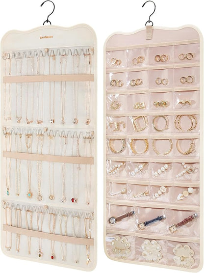 BAGSMART Hanging Jewelry Organizer Storage with Hanger Metal Hooks Double-Sided Jewelry Holder for Earrings, Necklaces, Rings on Closet, Wall, Door, 1 piece Large Beige