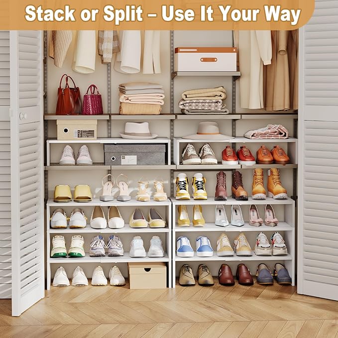 X-cosrack 3-Tier Shoe Rack for Closet, Shoe Organizer for Front Door Entrance Expandable Shoe Shelf, Stackable Iron Shoe Storage Shelves for Closets, Entryway, Hallway, Garage,White