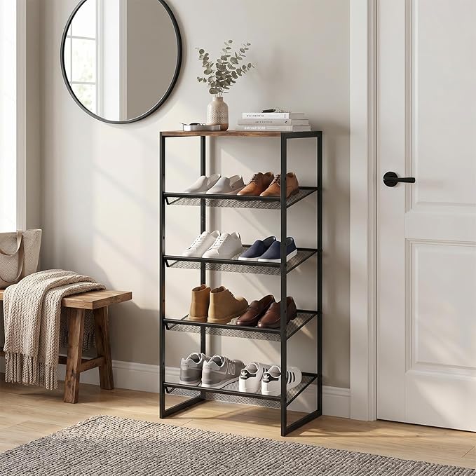 Shoe Rack，5 Tier Shoe Storage Organizer，Sturdy Shoe Shelf,Boot Rack with a Fine Mesh Shelves，for Entryway, Living Room, Hallway，Small Space,11.8 x 16.5 x 27.9 Inches,Brown