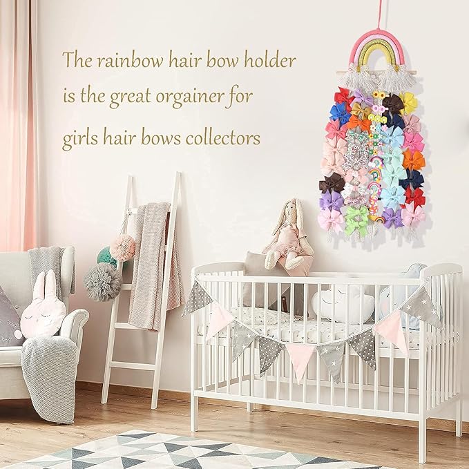 YOcity Bow Holder for Girls Rainbow Hair Bows Organizer for Girls with Lace Ribbon Perfect for Baby Girl Nursery Room Decor (Colorful)