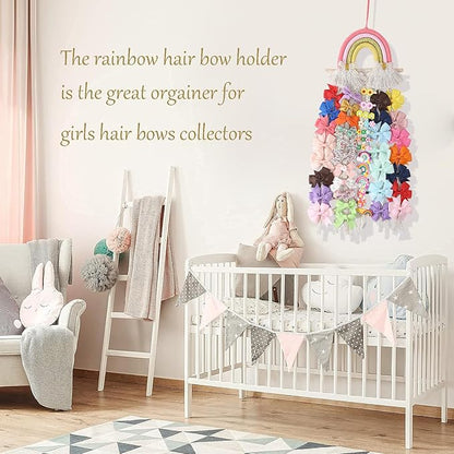 YOcity Bow Holder for Girls Rainbow Hair Bows Organizer for Girls with Lace Ribbon Perfect for Baby Girl Nursery Room Decor (Colorful)