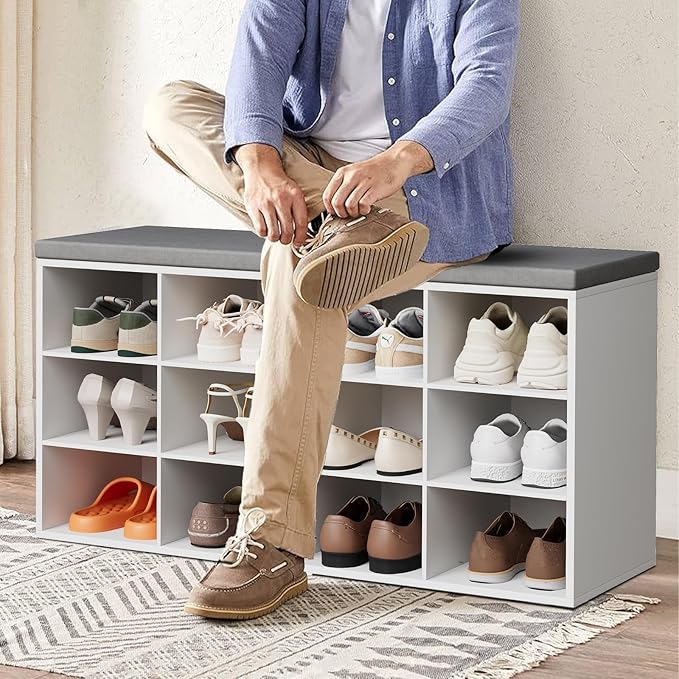 Aenuert 12-Cubby Shoe Rack with Cushion, 3-Tier Wood Shoe Organizer, Multifunctional Shoe Organizer Bench for Entryway, Mudroom, Hallway, Closet,36.22 * 11.81 * 17.7 Inch, White