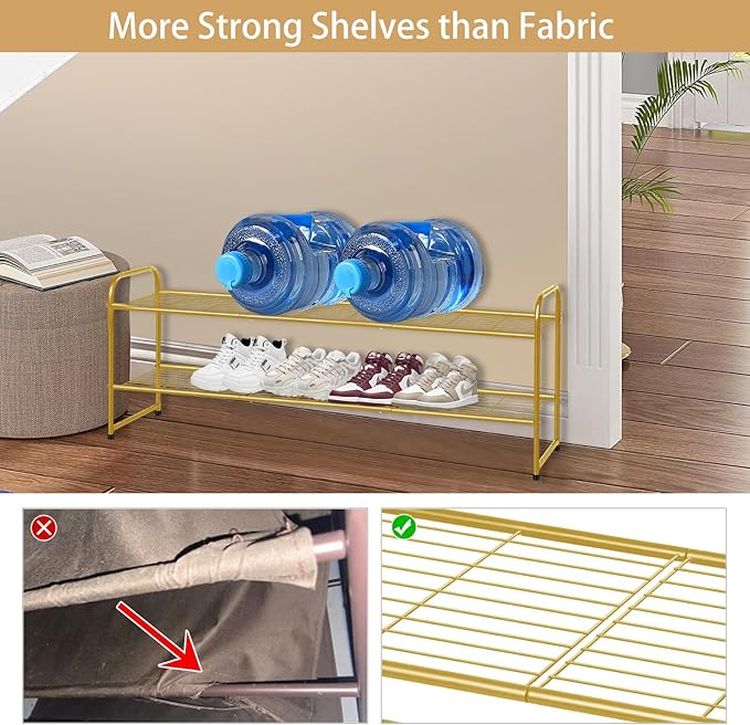 KEETDY 2-Tier Long Shoe Rack for Closet Metal Shoe Organizer for Entryway, Wide Stackable Shoe Storage Shelf with Sturdy Wire Grid for Closet Floor, Bedroom, Gold