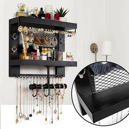 Pinzoveco Hanging Jewelry Organizer Wall Mounted With Wall Jewelry Organizer Holder For Necklaces Bracelet Earrings Ring (Black)
