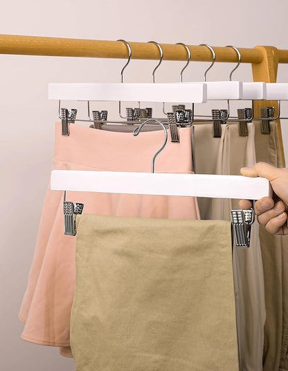 Wooden Pants Hangers, Solid Wood Bottom Jeans Skirt Hanger with 2-Adjustable Clips Anti Rust Hook (10)