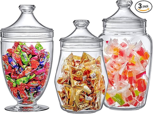 Amazing Abby - Enchant - Plastic Apothecary Jars (3-Piece Set, 46/45/59 oz), Acrylic Jars with Lids, Bathroom Canisters, Candy Buffet, Wedding Display, BPA-Free and Shatter-Proof (NOT Glass)