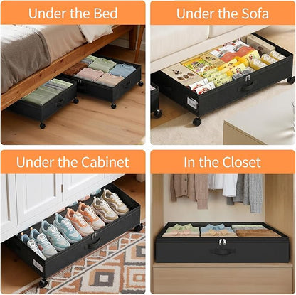 Yecaye 80L Under Bed Storage with Wheels, 2 Pack Under Bed Storage Containers with Lids for Clothes, Shoes and Blankets, Metal Rolling Underbed Storage Drawers for Bedrooms and Dorms, Black