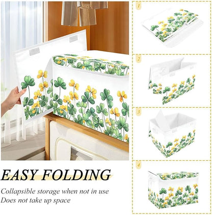 senya St. Patrick's Day Baskets Collapsible Storage Bins with Lids, Border Of Green Clover Yellow Flowers Storage Boxes Clothes Baskets for Organizing