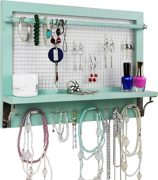 Jewelry Organizer, Wall Mount Jewelry Holder Rack with Hooks Shelf and Removable Rod Hanging Display Earrings Necklaces Bracelets Rings Storage Accessories Wood in Shabby Chic Turquoise