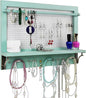 Jewelry Organizer, Wall Mount Jewelry Holder Rack with Hooks Shelf and Removable Rod Hanging Display Earrings Necklaces Bracelets Rings Storage Accessories Wood in Shabby Chic Turquoise
