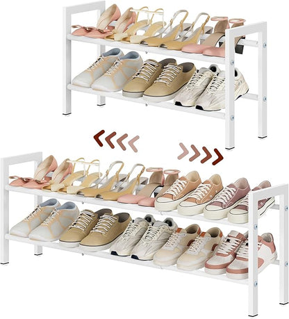 FAVOOSTY 2-Tier Expandable Shoe Rack, Adjustable Shoe Shelf Storage Organizer Space Saving Metal Free Standing Shoe Rack for Entryway Closet Doorway, White