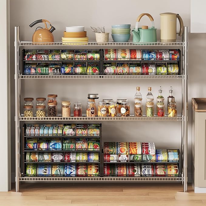 Sbanmao Extra-Long 2-Tier Stackable Can Organizer for Pantry, Sturdy Can Holder for Canned Soup Food Goods Storage up to 64 Cans, Black