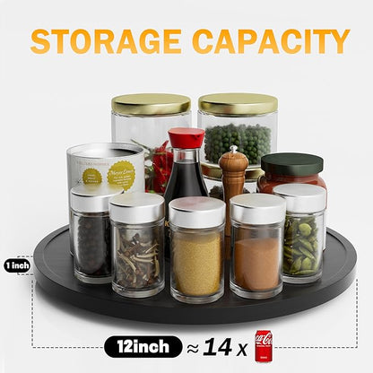 Lazy Susan Organizer Homerays 12 Inch Non-Skid Bamboo Lazy Susan for Kitchen Rotating Spice Rack for Kitchen Cabinet, Wood Turntable for Kitchen Countertop Organizer Black