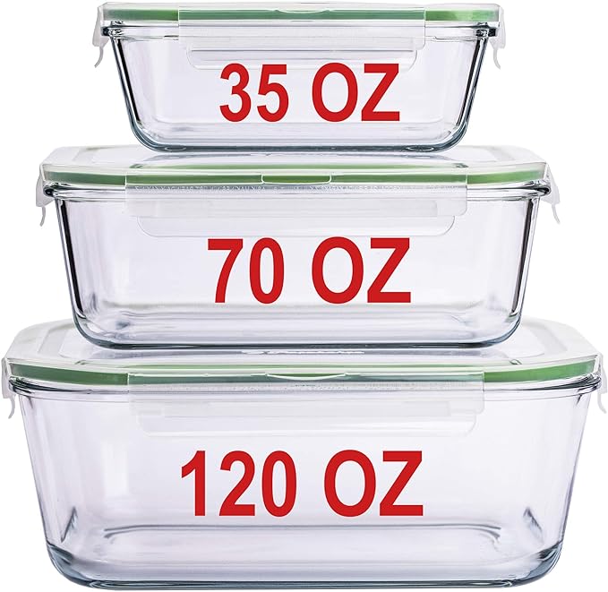 AGTRADE X-LARGE Glass Food Storage Containers with Lids Baking Dish Set Glass Storage Containers with Locking Lid Set 3-120 oz/70 oz/35 oz - Large Meal Prep Storing Serving Food Leakproof Ovensafe