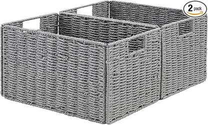 Vagusicc Wicker Storage Basket, Set of 2 Hand-Woven Paper Rope Wicker Basket, Small Storage Baskets for Organizing Toilet Paper Basket, Foldable Large Cube Storage Organizer Bins for Shelves (Grey)