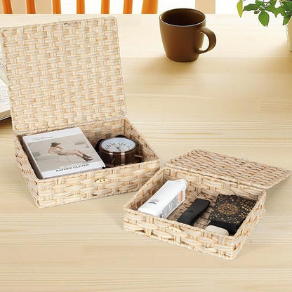 Plastic Wicker Storage Baskets with Lids, 2-Pack Woven Rattan Organizer Bins with Locking Button, Decorative Flat Storage Boxes, 11"x9.25"x2.75" & 13"x11.2"x3.5", Beige